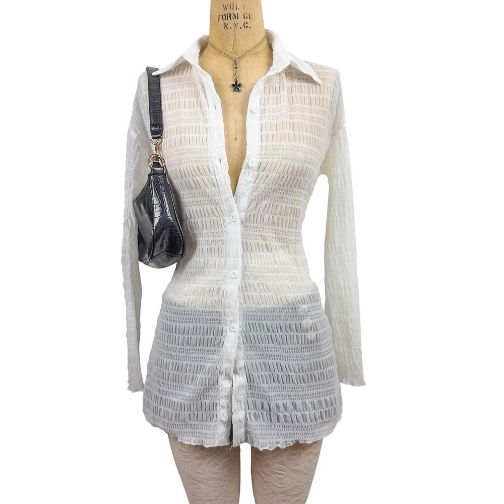 90s White Mesh Ruched Button Down Top Office Minimalist Corpcore Small